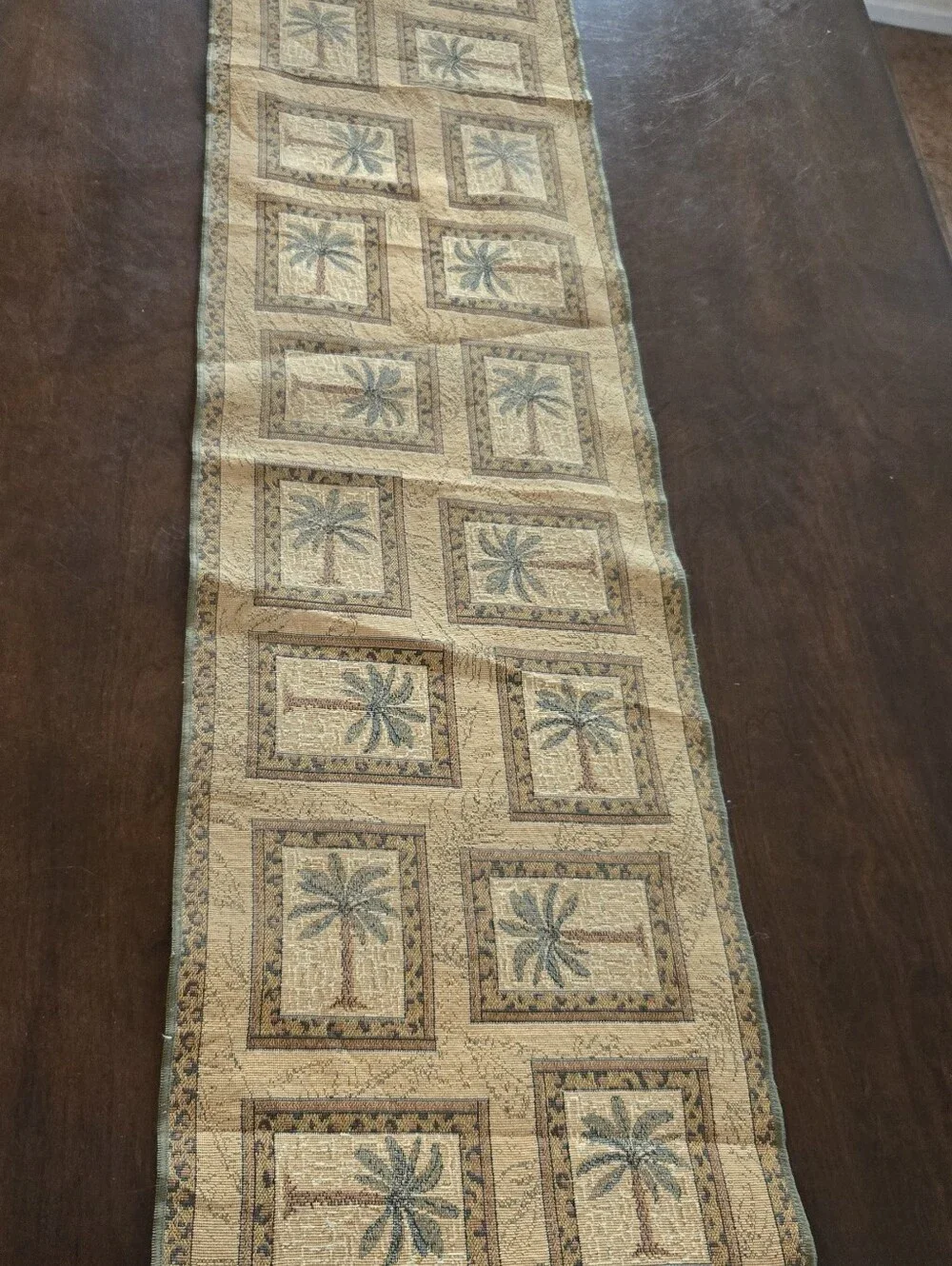 Palm Motif Table Runner in Beige and Green - Home Dining